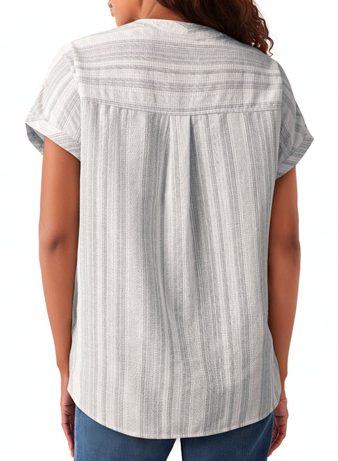 Textured Vertical Stripe Button Front Short Sleeve Blouse