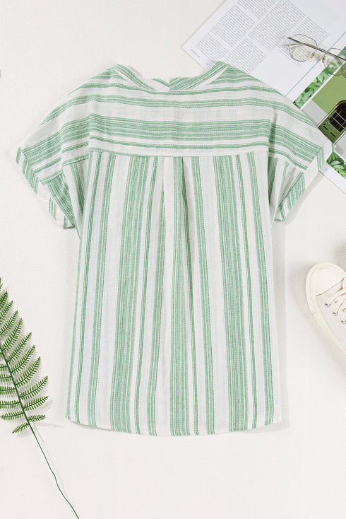 Textured Vertical Stripe Button Front Short Sleeve Blouse