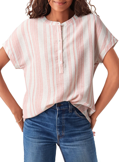 Textured Vertical Stripe Button Front Short Sleeve Blouse