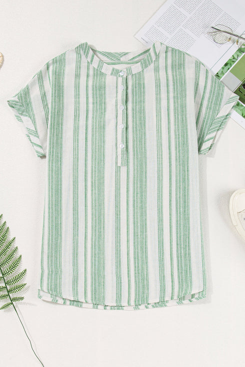 Textured Vertical Stripe Button Front Short Sleeve Blouse