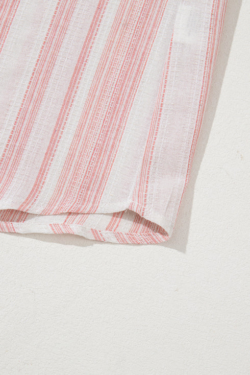 Textured Vertical Stripe Button Front Short Sleeve Blouse