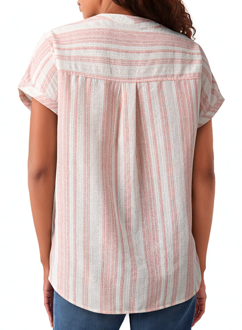 Textured Vertical Stripe Button Front Short Sleeve Blouse