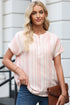 Textured Vertical Stripe Button Front Short Sleeve Blouse