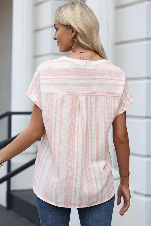 Textured Vertical Stripe Button Front Short Sleeve Blouse