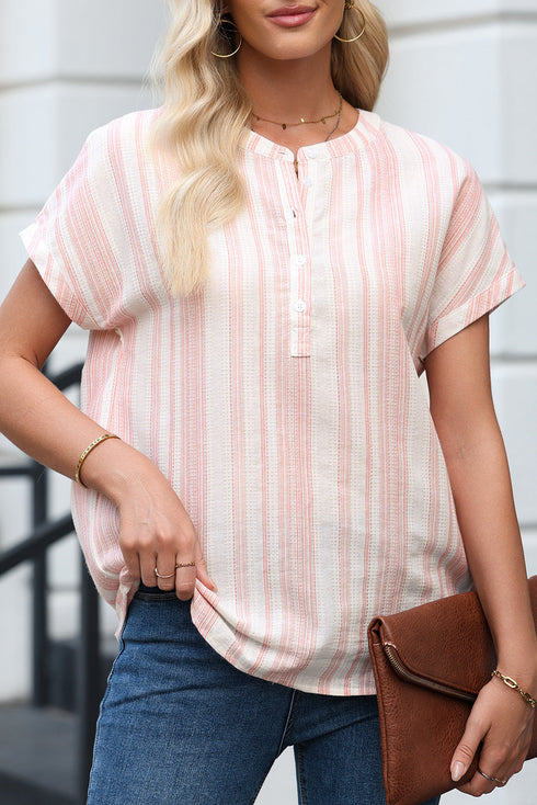 Textured Vertical Stripe Button Front Short Sleeve Blouse