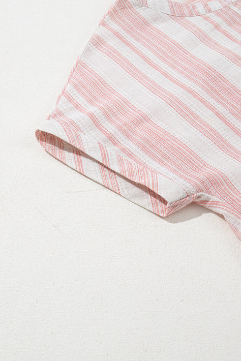 Textured Vertical Stripe Button Front Short Sleeve Blouse