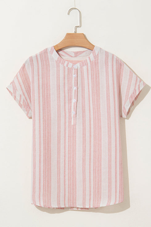 Textured Vertical Stripe Button Front Short Sleeve Blouse