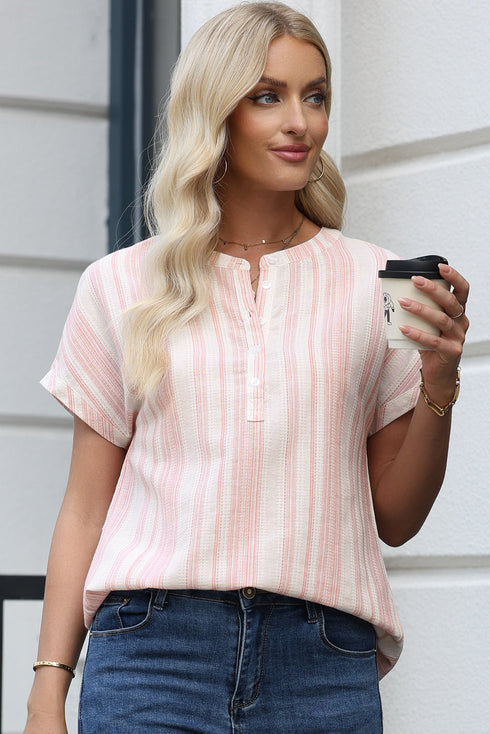 Textured Vertical Stripe Button Front Short Sleeve Blouse