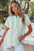 Textured Vertical Stripe Button Front Short Sleeve Blouse
