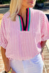 Textured Vertical Stripe Contrast Split Neck Short Dolman Sleeve Blouse