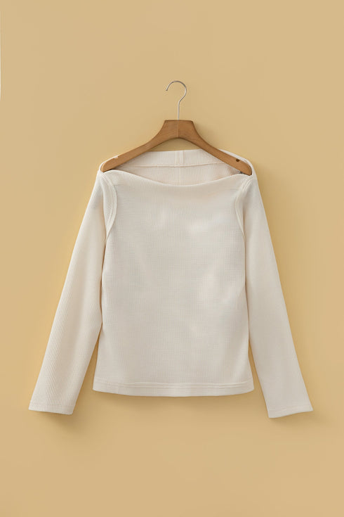 Textured Waffle Knit Asymmetric Neckline Long Sleeve Top