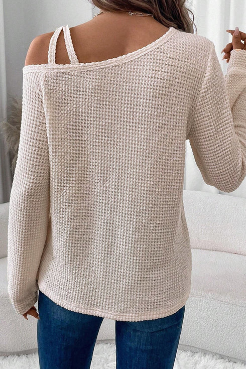 Textured Waffle Knit Asymmetric Neckline Long Sleeve Top