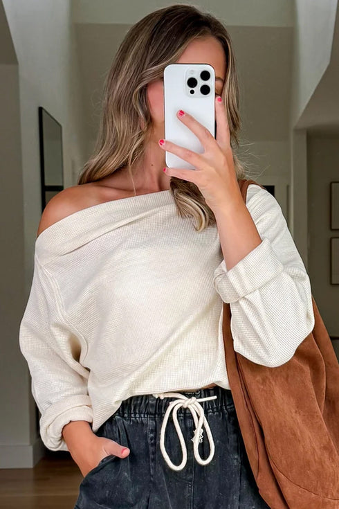 Textured Waffle Knit Asymmetric Neckline Long Sleeve Top