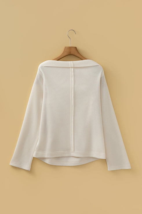 Textured Waffle Knit Asymmetric Neckline Long Sleeve Top
