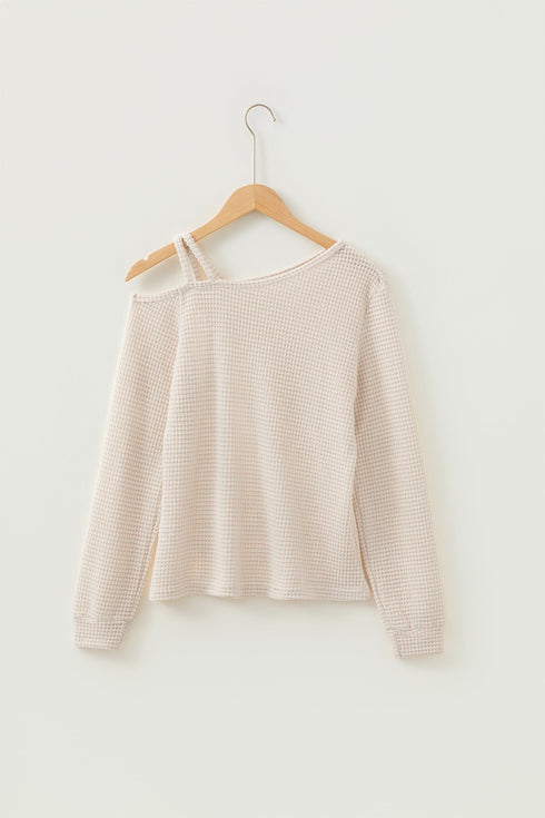 Textured Waffle Knit Asymmetric Neckline Long Sleeve Top
