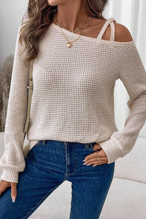 Textured Waffle Knit Asymmetric Neckline Long Sleeve Top
