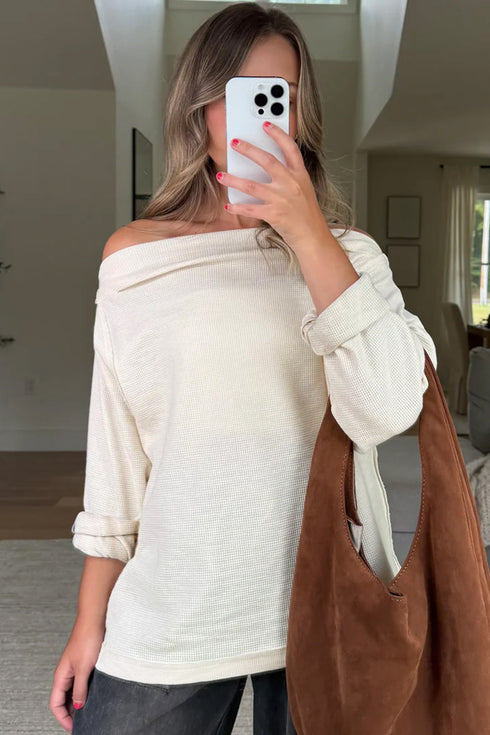 Textured Waffle Knit Asymmetric Neckline Long Sleeve Top