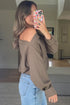 Textured Waffle Knit Asymmetric Neckline Long Sleeve Top