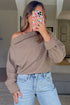 Textured Waffle Knit Asymmetric Neckline Long Sleeve Top