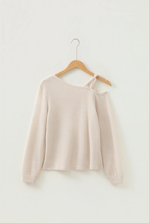 Textured Waffle Knit Asymmetric Neckline Long Sleeve Top