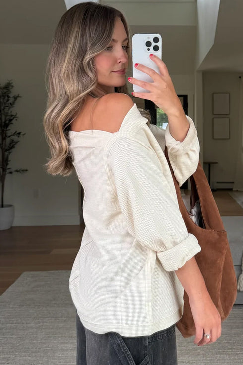 Textured Waffle Knit Asymmetric Neckline Long Sleeve Top