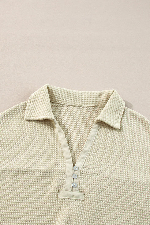 Textured Waffle Knit Button Down Long Sleeve Short Sets