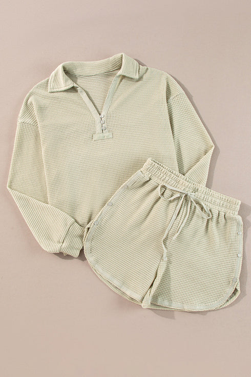 Textured Waffle Knit Button Down Long Sleeve Short Sets