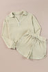 Textured Waffle Knit Button Down Long Sleeve Short Sets