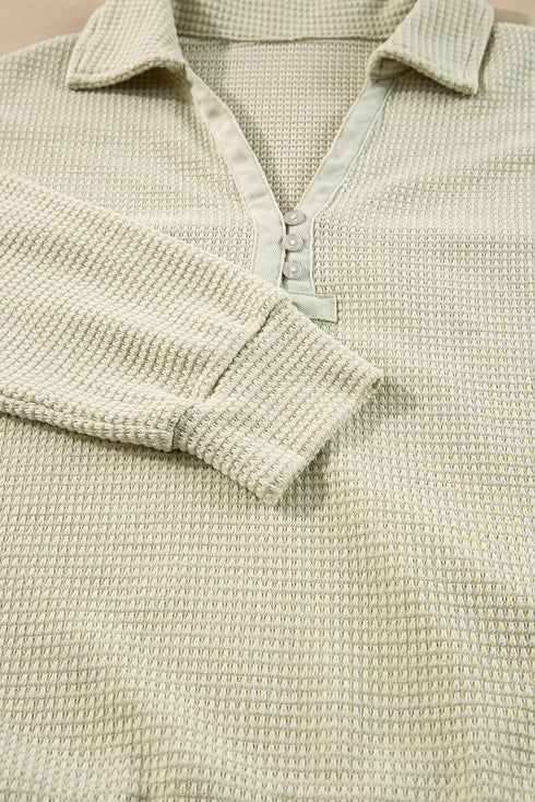 Textured Waffle Knit Button Down Long Sleeve Short Sets