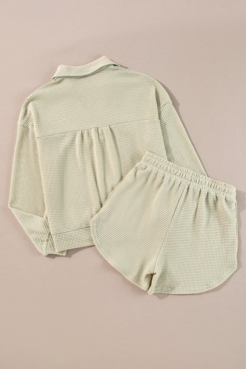 Textured Waffle Knit Button Down Long Sleeve Short Sets