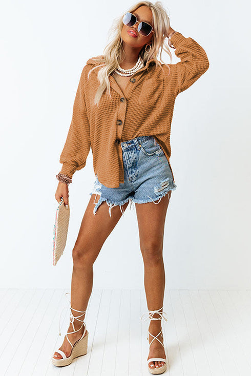 Textured Waffle Knit Button Down Shirt