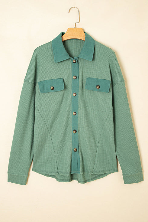 Textured Waffle Knit Button Front Long Sleeve Shirt
