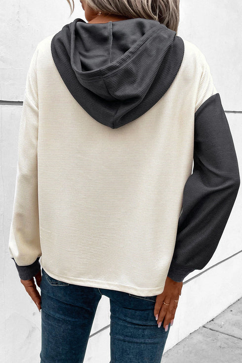 Textured Waffle Knit Button Placket Drawstring Hoodie