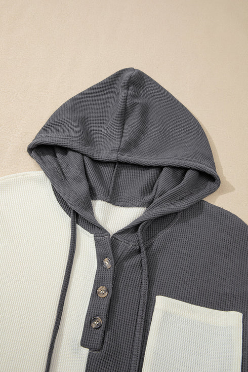 Textured Waffle Knit Button Placket Drawstring Hoodie