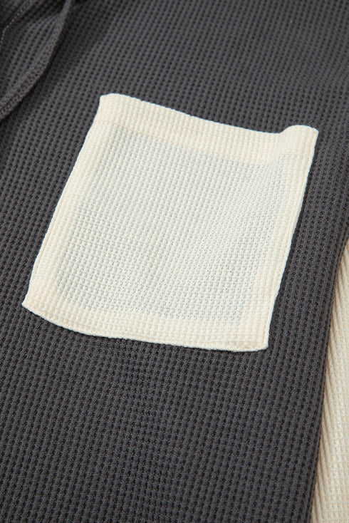 Textured Waffle Knit Button Placket Drawstring Hoodie