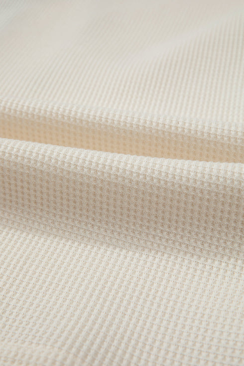 Textured Waffle Knit Button Placket Drawstring Hoodie