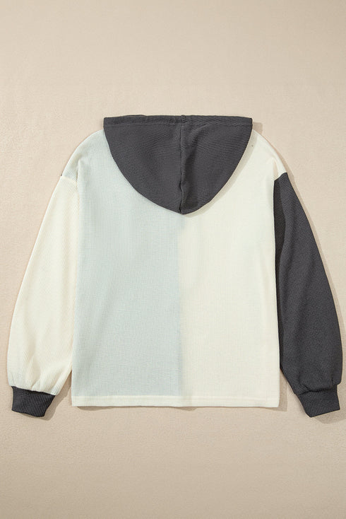 Textured Waffle Knit Button Placket Drawstring Hoodie