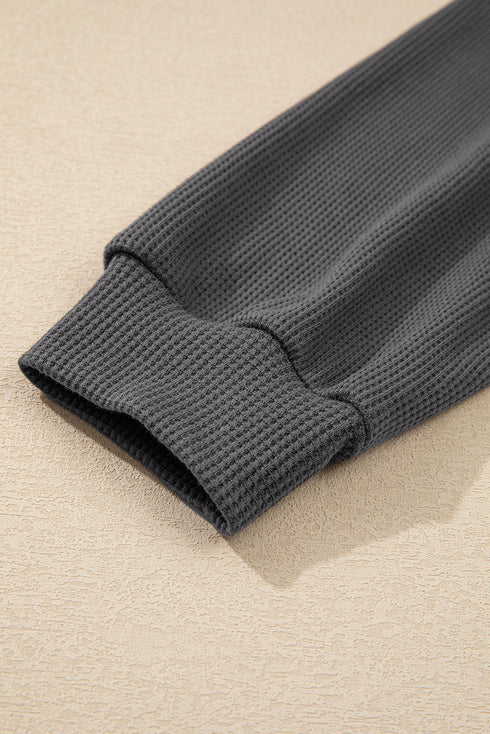 Textured Waffle Knit Button Placket Drawstring Hoodie