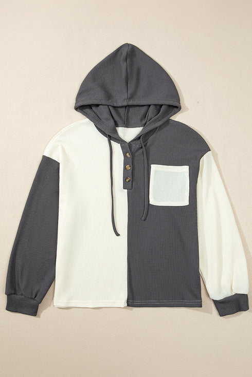 Textured Waffle Knit Button Placket Drawstring Hoodie