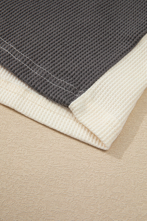 Textured Waffle Knit Button Placket Drawstring Hoodie