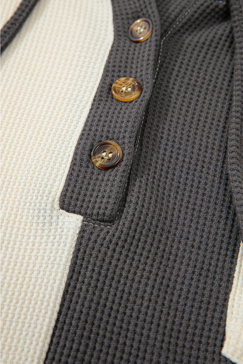 Textured Waffle Knit Button Placket Drawstring Hoodie