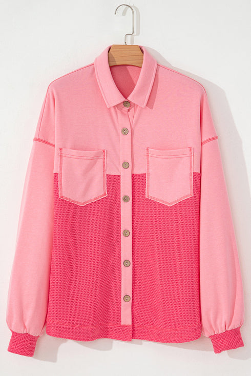 Textured Waffle Knit Buttoned Loose Shacket Jacket
