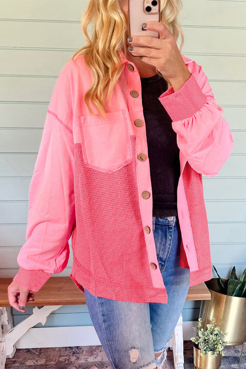 Textured Waffle Knit Buttoned Loose Shacket Jacket