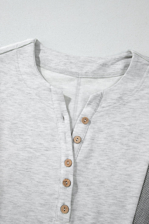 Textured Waffle Knit Buttoned V Neck Pocket Top