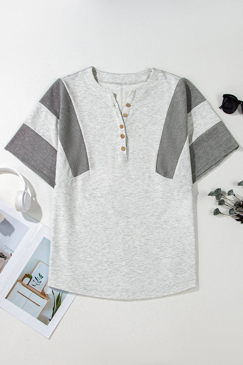 Textured Waffle Knit Buttoned V Neck Pocket Top