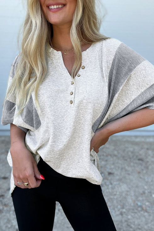 Textured Waffle Knit Buttoned V Neck Pocket Top