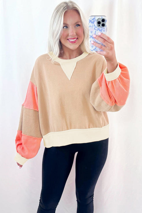 Textured Waffle Knit Color Block Crew Neck Pullover