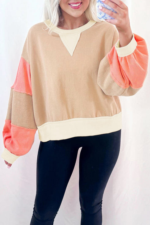Textured Waffle Knit Color Block Crew Neck Pullover