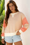 Textured Waffle Knit Color Block Crew Neck Pullover