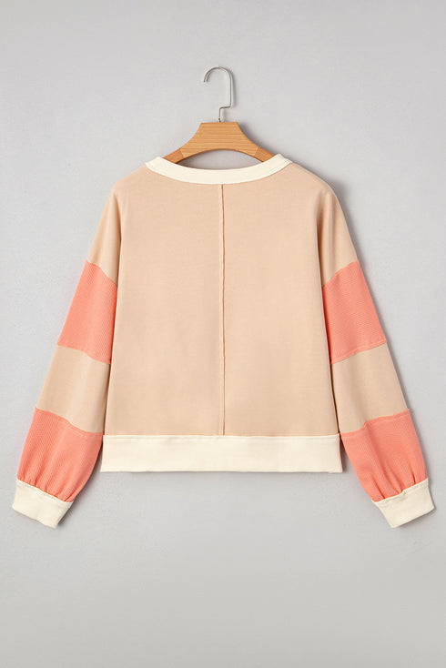 Textured Waffle Knit Color Block Crew Neck Pullover